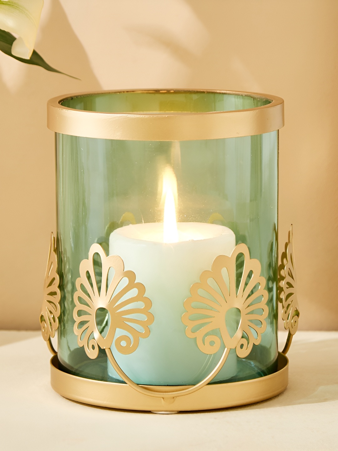 

Home Centre Gold-Toned & Blue Glass Hurricane Candle Holder