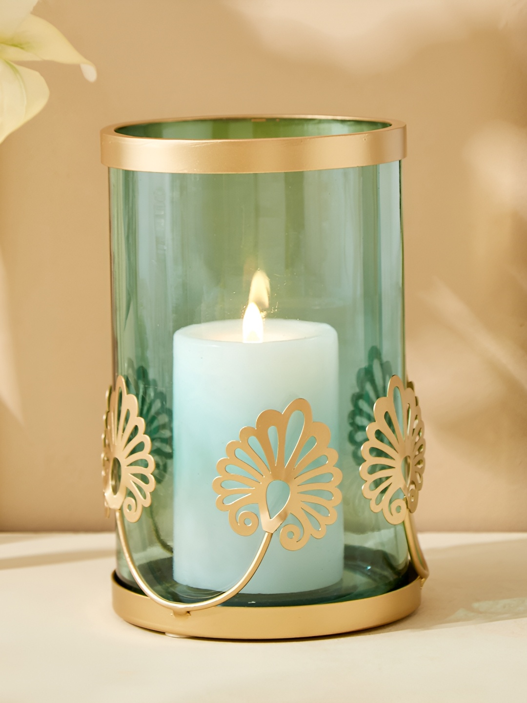 

Home Centre Gold-Toned & Blue Glass Hurricane Candle Holder