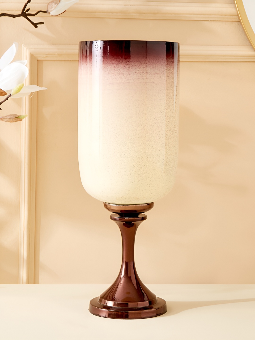 

Home Centre Beige & Maroon Glass Hurricane Candle Holder