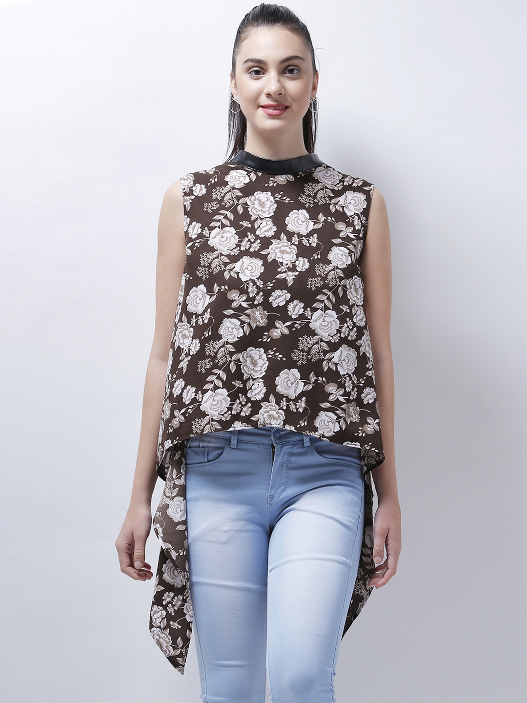 

Zastraa Women Coffee Brown Printed High-Low Top