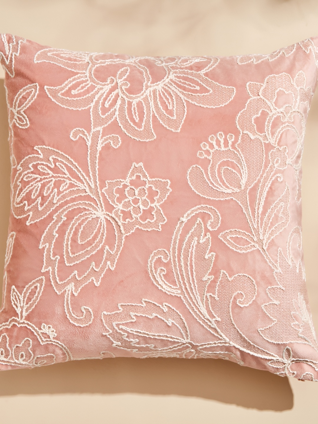 

Home Centre Endura Peach & White Floral Embroidered Velvet Square Cushion Cover