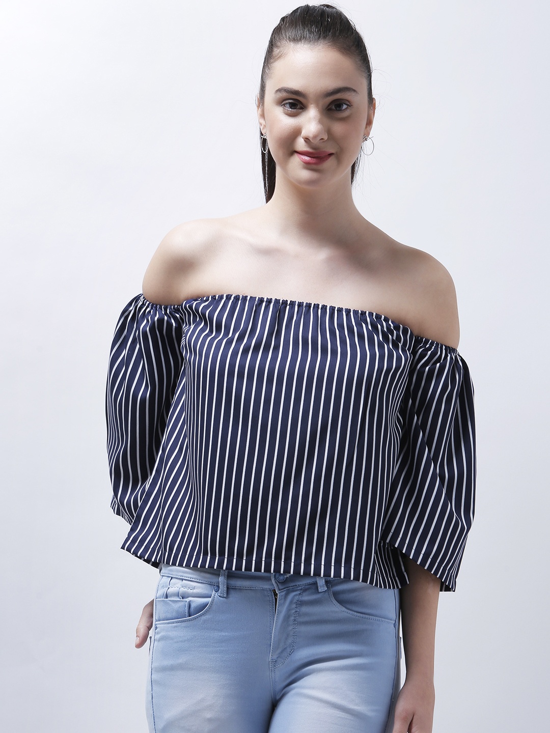 

Zastraa Women Navy Blue Striped Bardot Top
