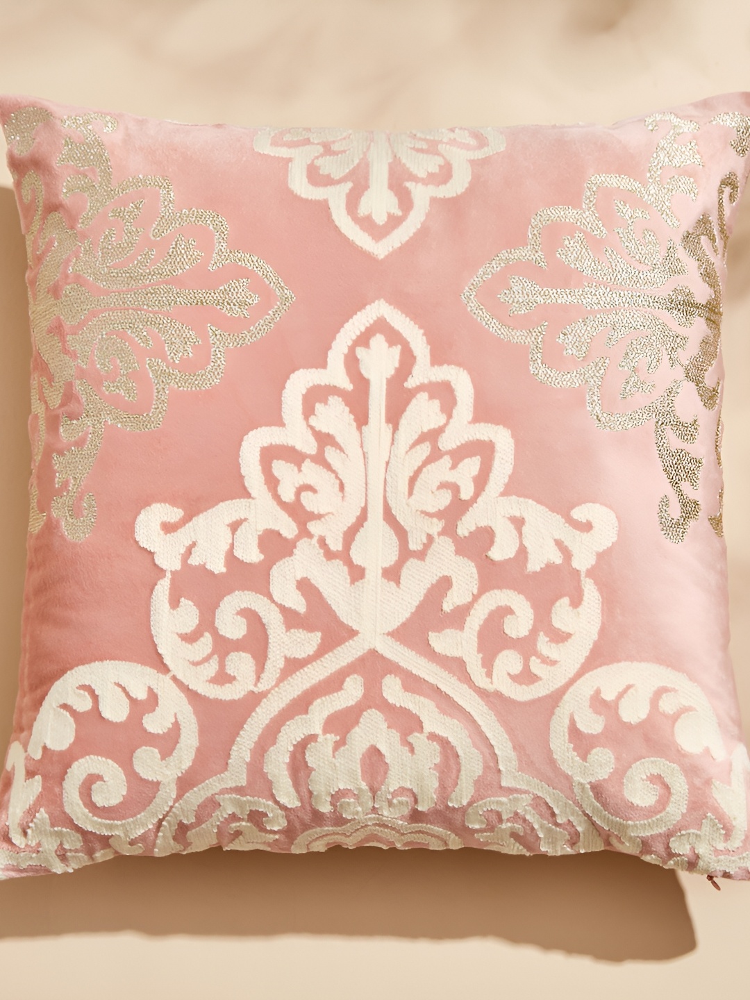 

Home Centre Endura Peach & White Ethnic Motifs Embroidered Velvet Square Cushion Cover