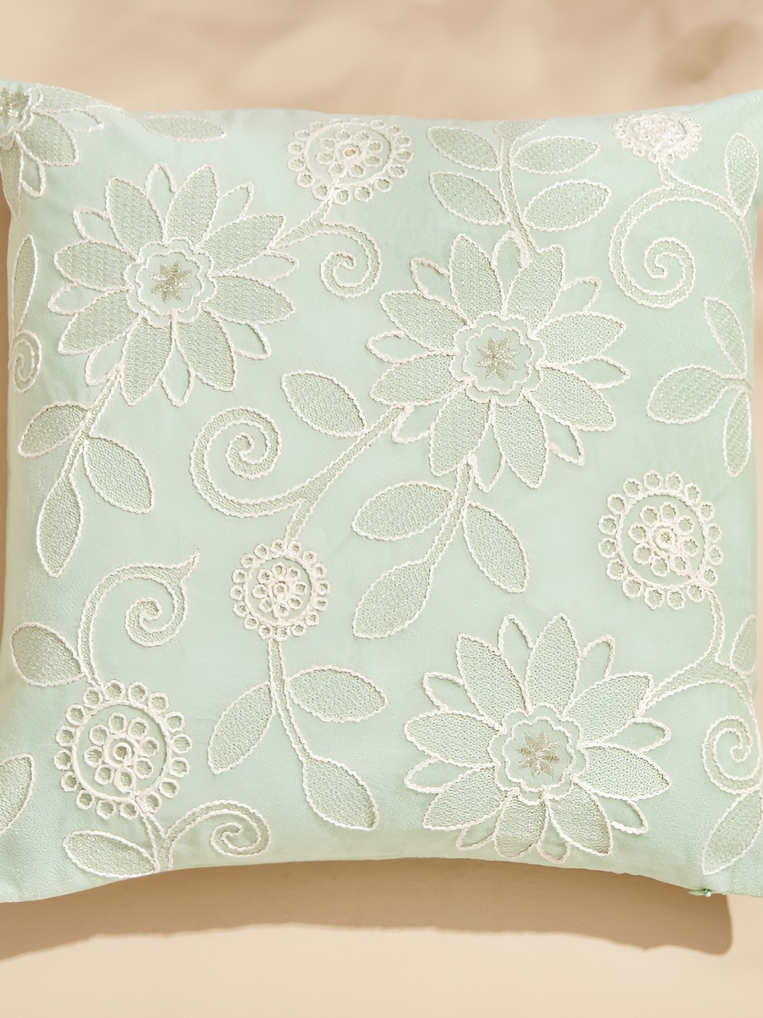 

Home Centre Endura Green & White Floral Embroidered Velvet Square Cushion Cover