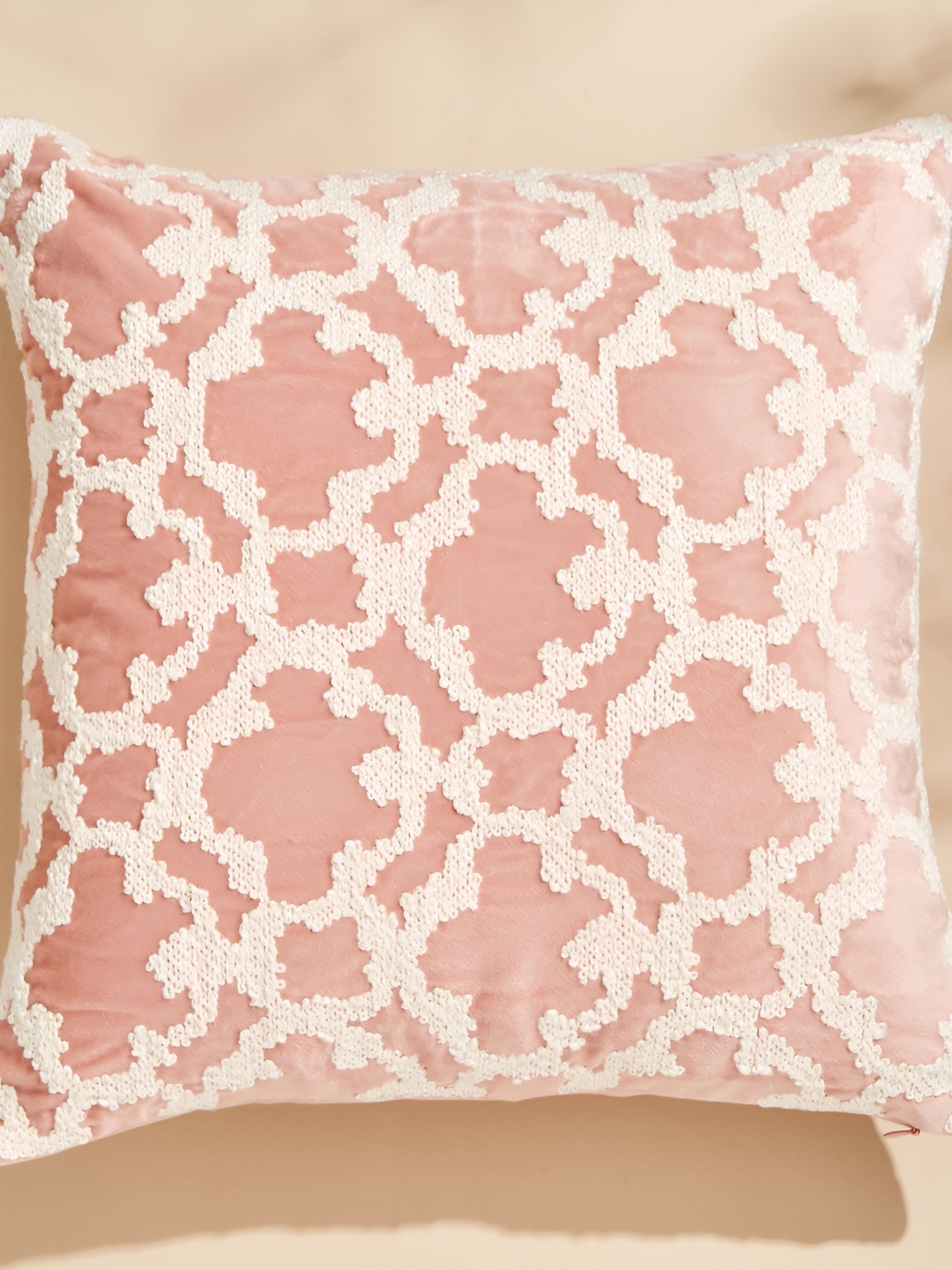 

Home Centre Endura Peach-Coloured & White Embroidered Velvet Square Cushion Cover