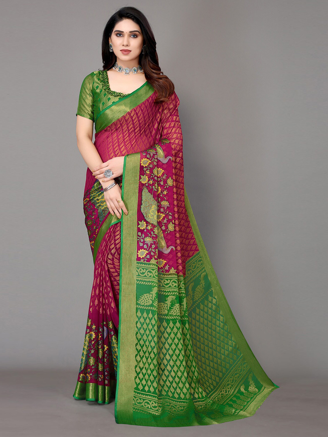 

HALFSAREE STUDIO Woven Design Floral Zari Saree, Magenta
