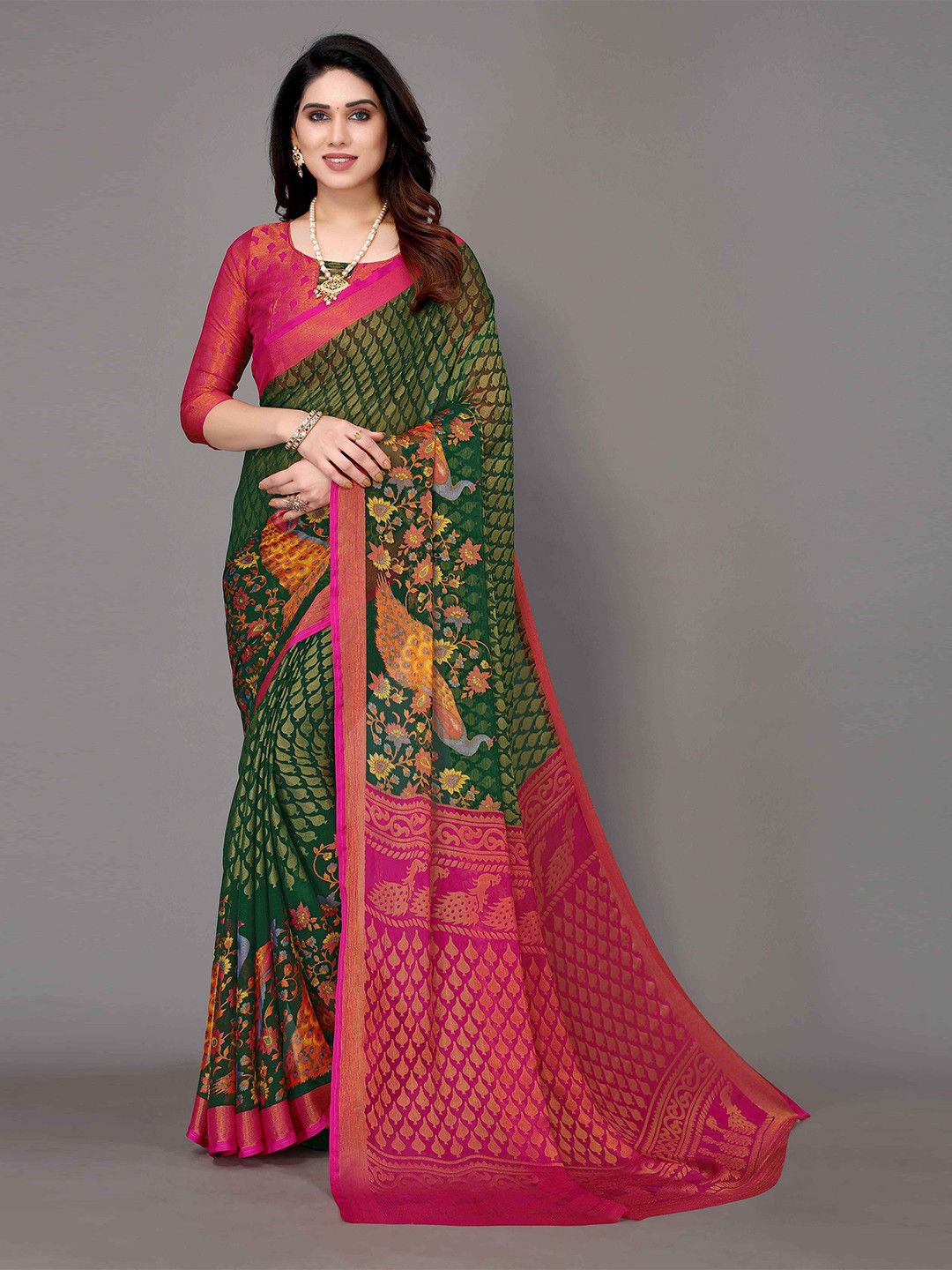 

HALFSAREE STUDIO Woven Design Floral Zari Saree, Green