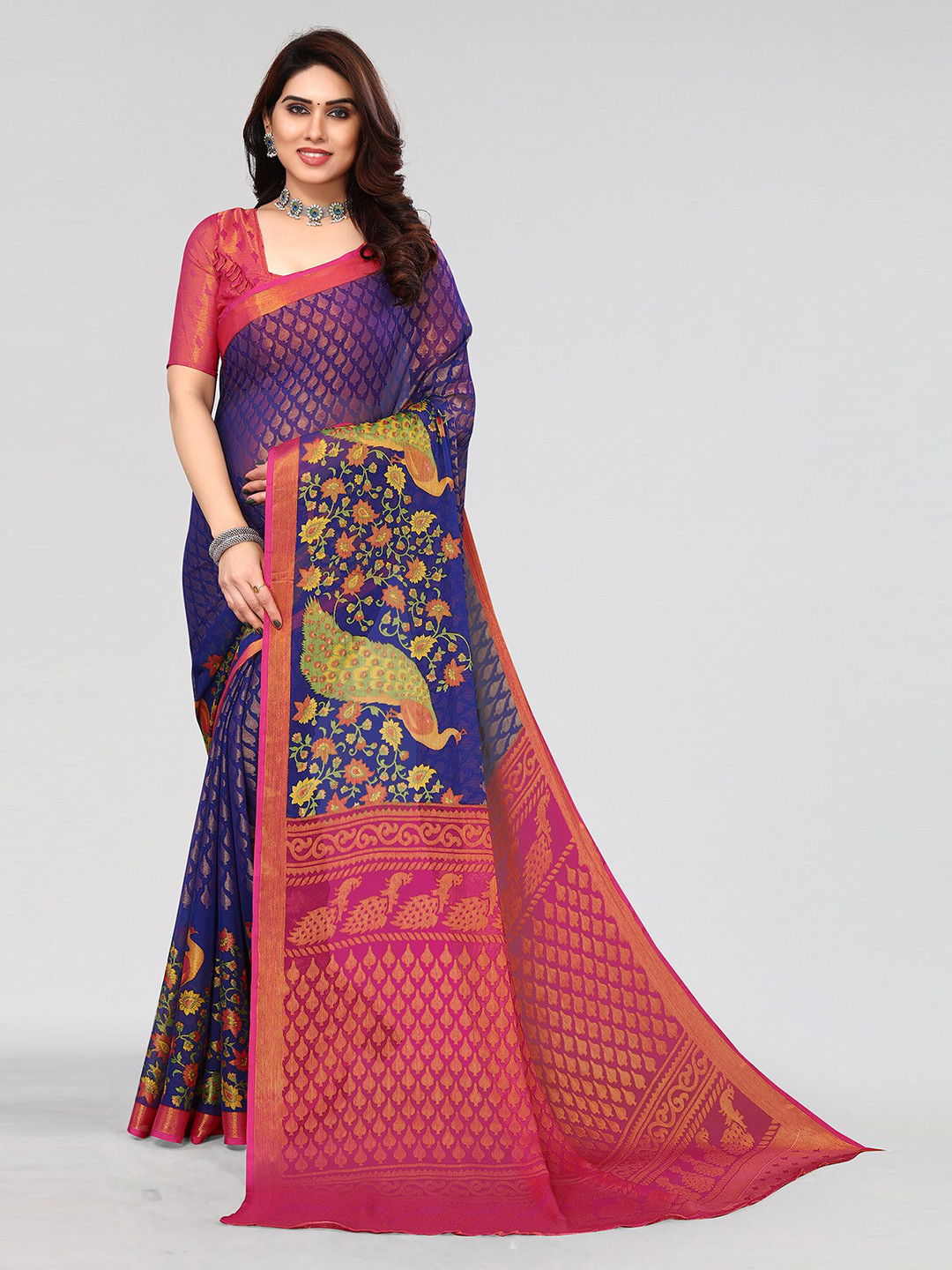 

HALFSAREE STUDIO Woven Design Floral Zari Saree, Blue