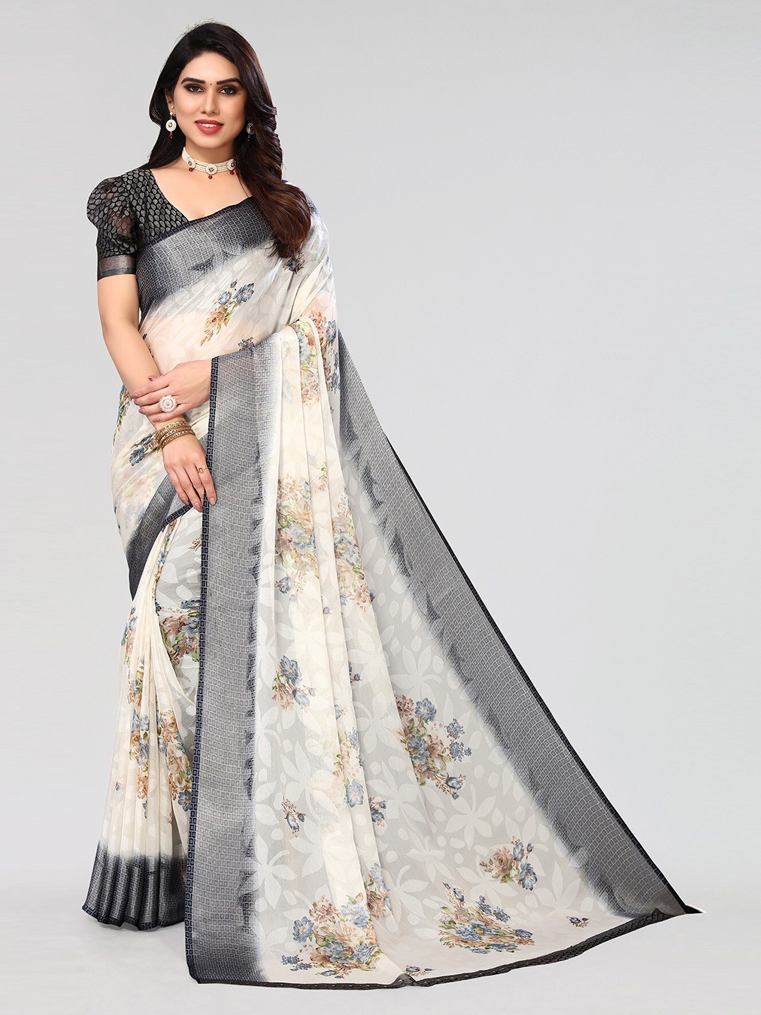 

HALFSAREE STUDIO Woven Design Floral Zari Saree, Grey