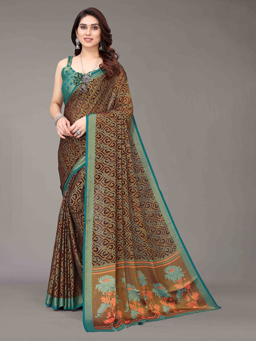 

HALFSAREE STUDIO Woven Design Floral Zari Saree, Brown
