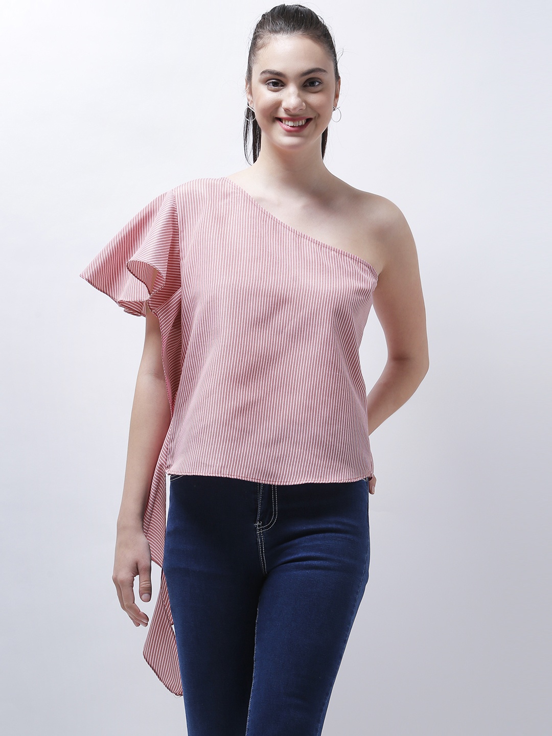 

Zastraa Women White Striped One-Shoulder Top