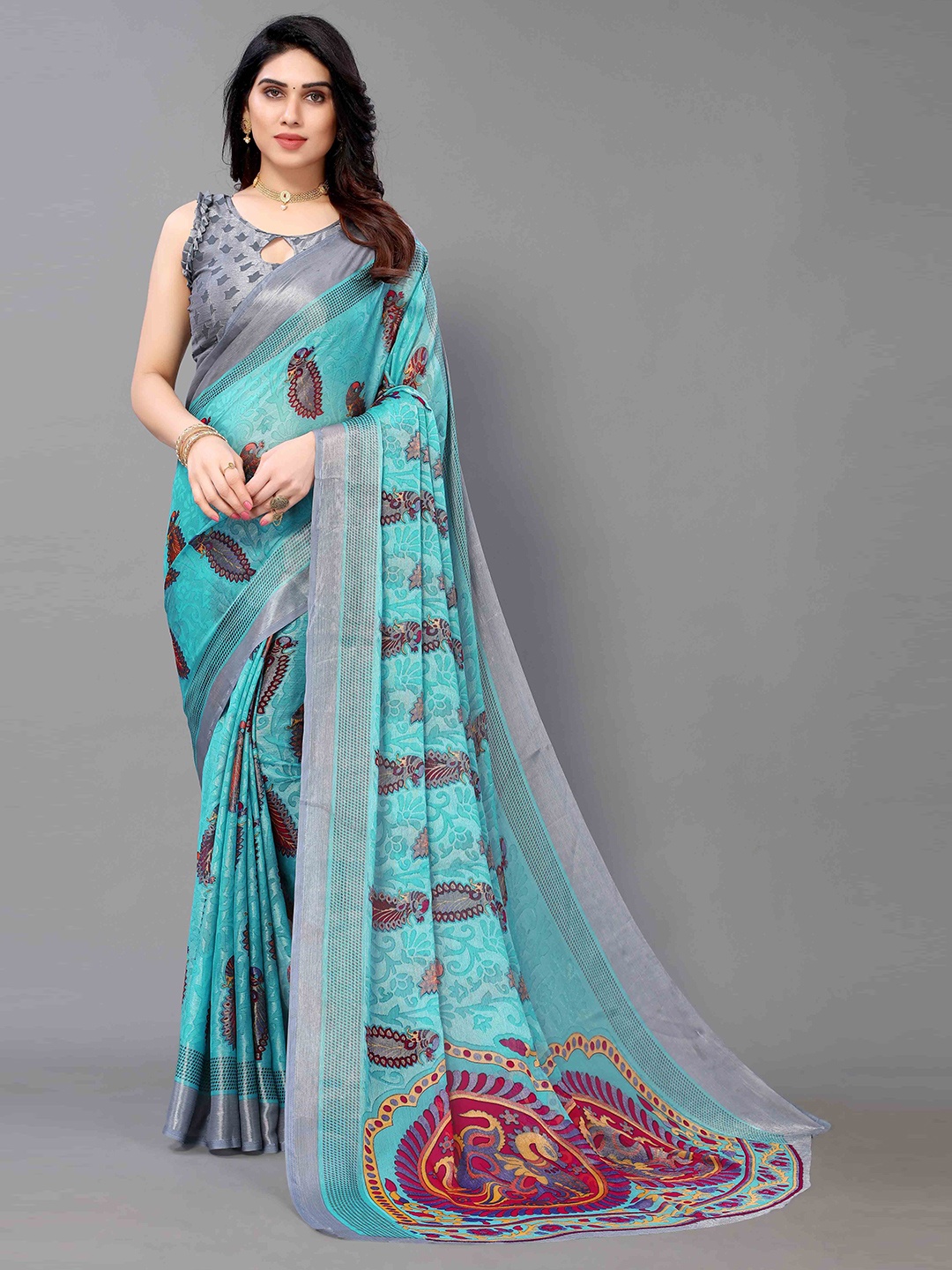 

HALFSAREE STUDIO Woven Design Floral Zari Saree, Blue