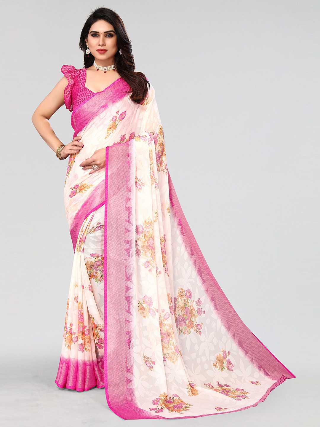 

HALFSAREE STUDIO Woven Design Floral Zari Saree, Pink