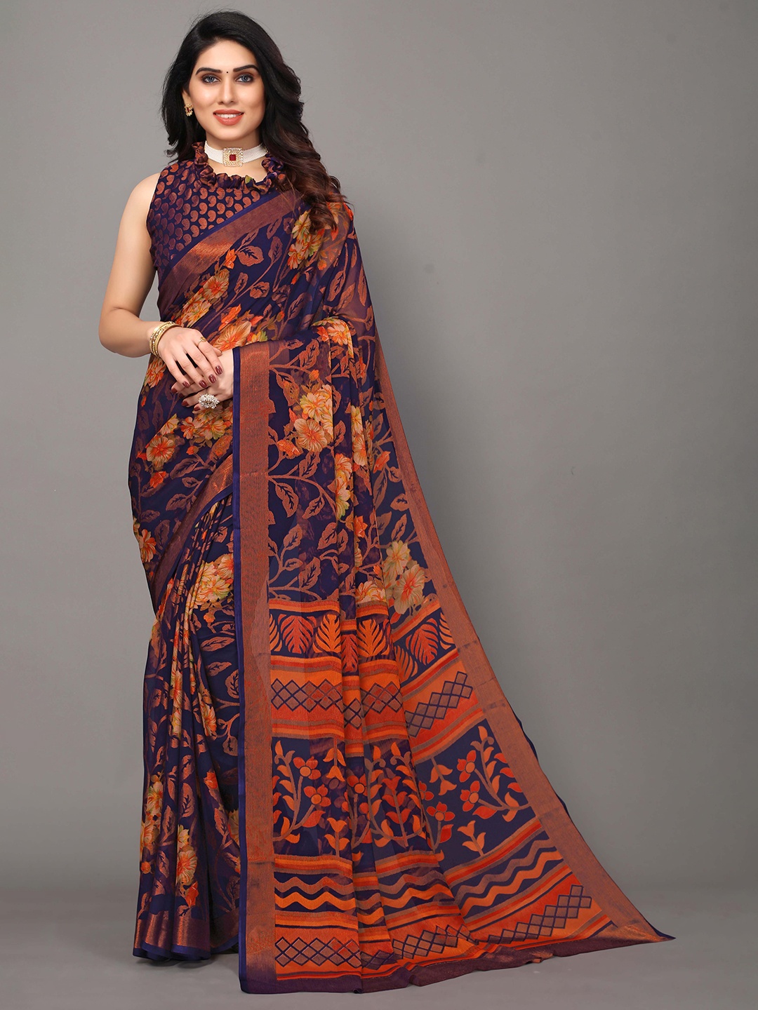 

HALFSAREE STUDIO Woven Design Floral Zari Saree, Navy blue
