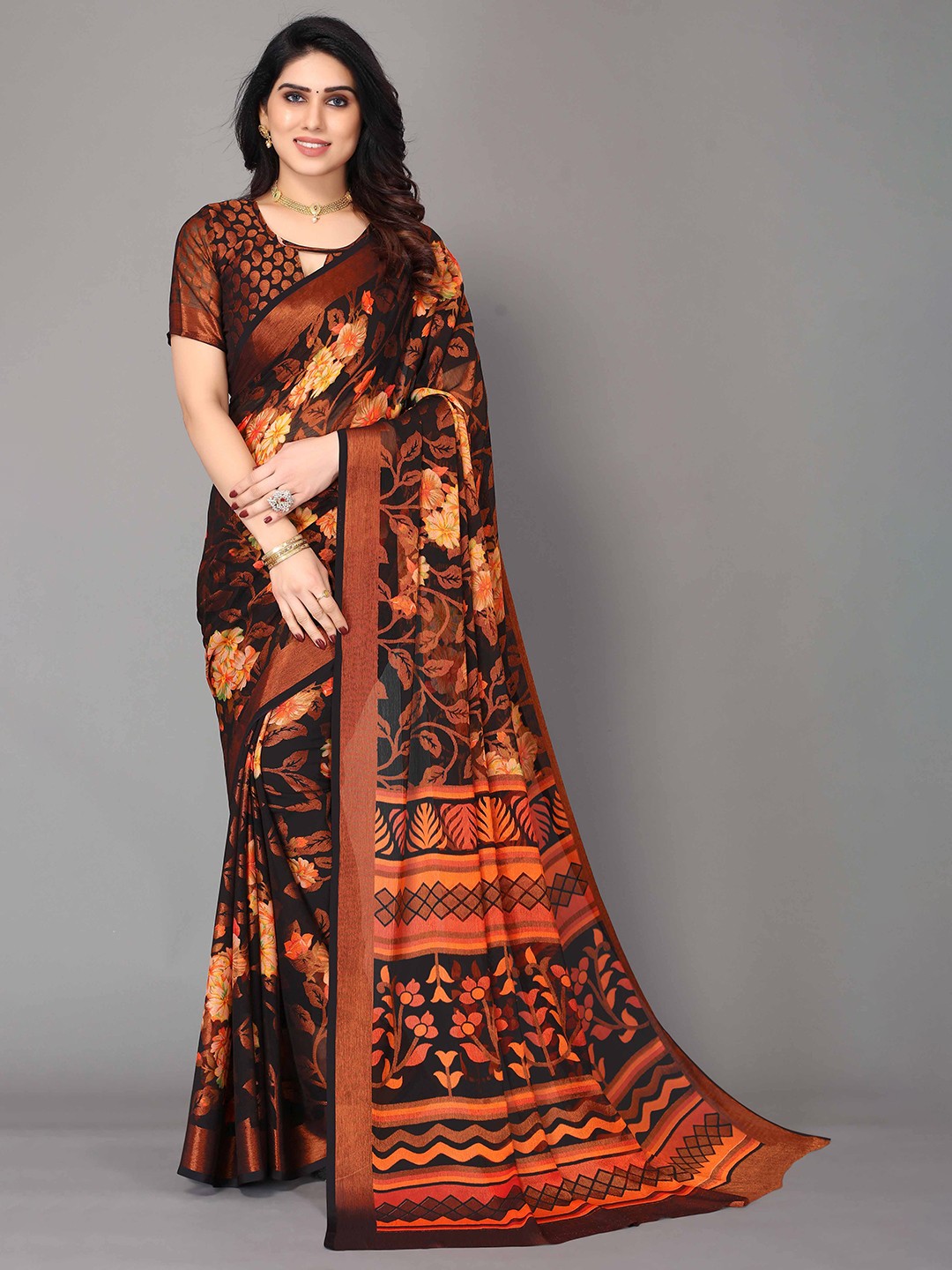 

HALFSAREE STUDIO Woven Design Floral Zari Saree, Black