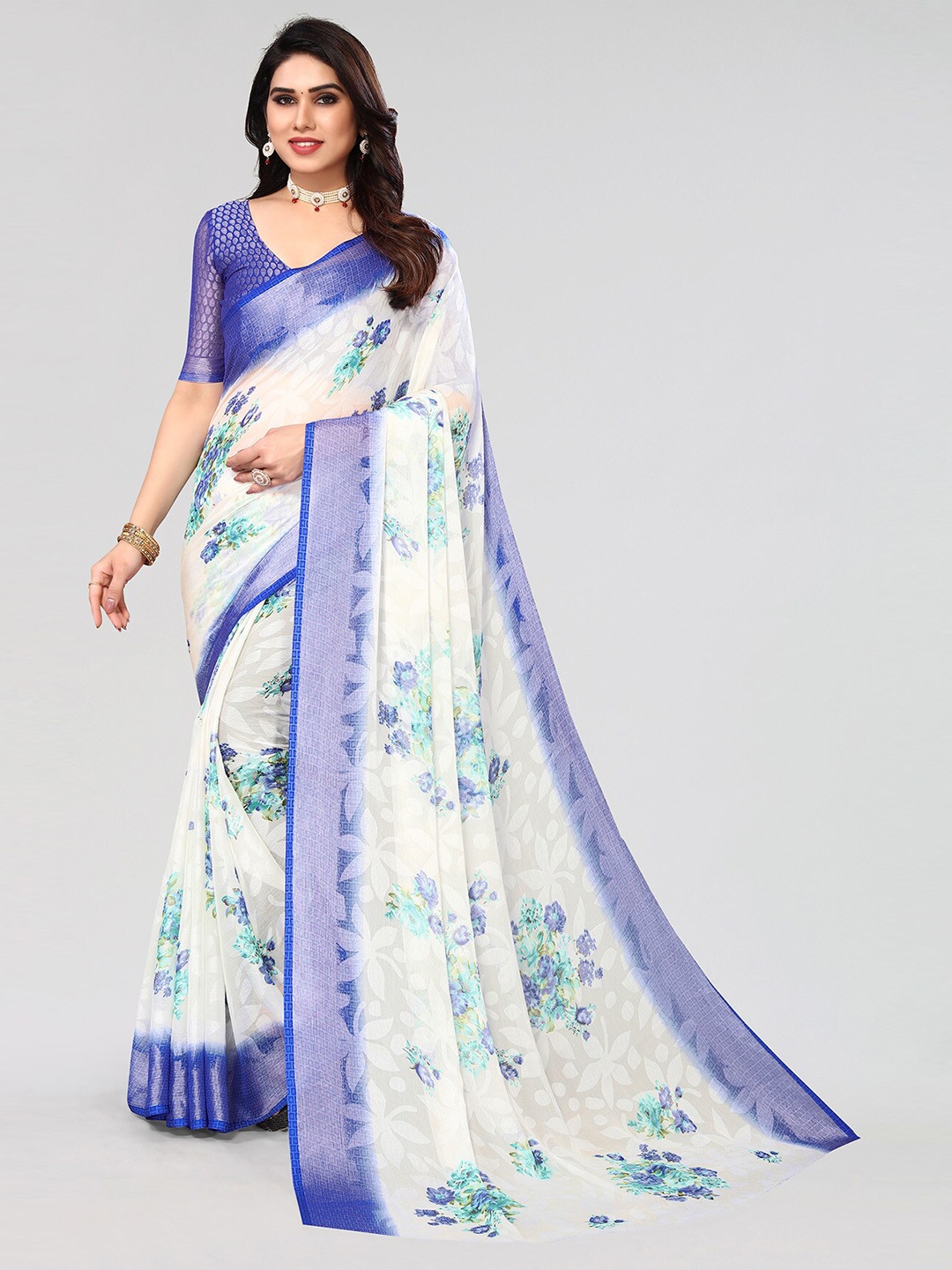 HALFSAREE STUDIO Floral Printed Zari Saree, Blue