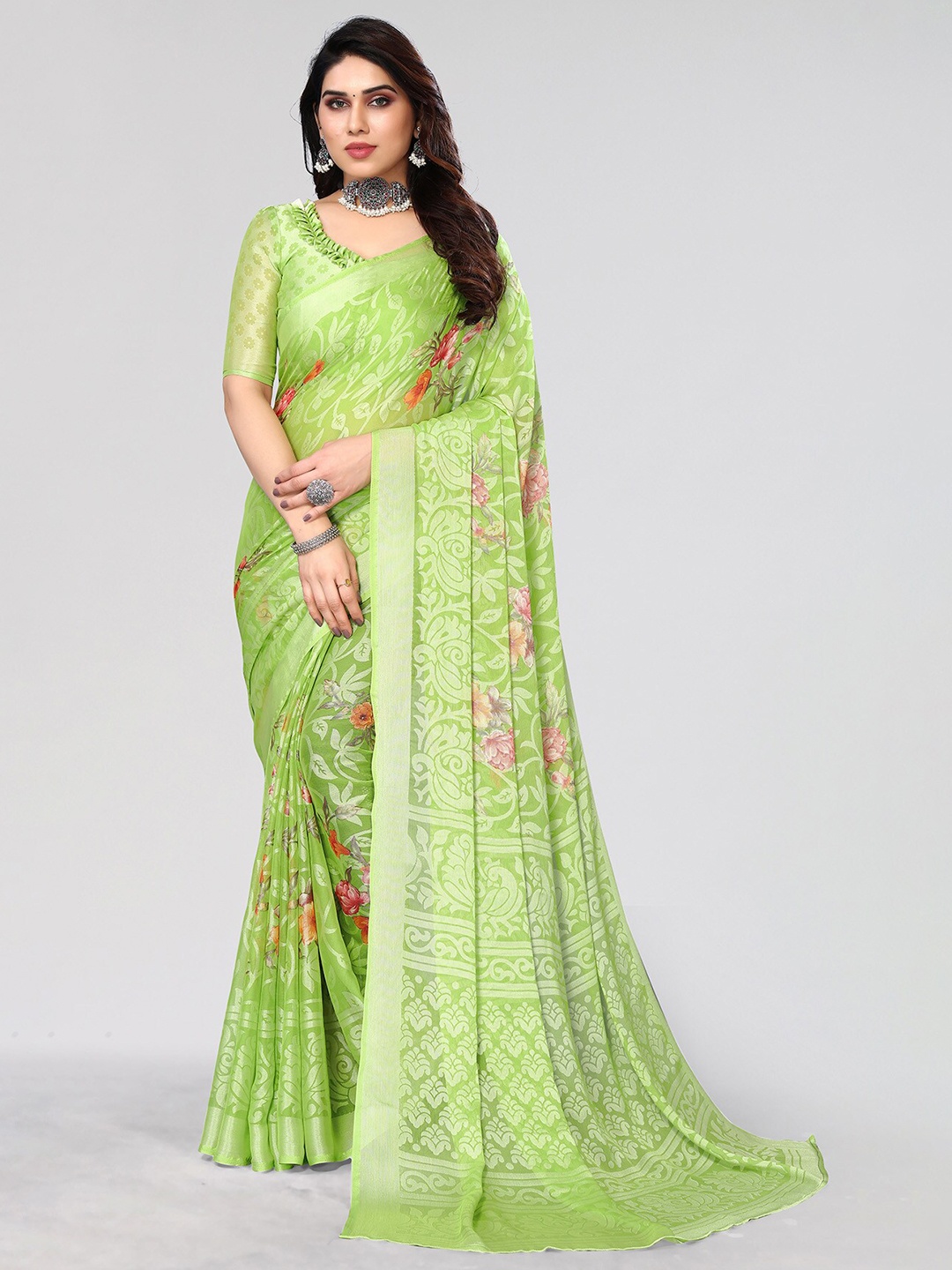 

HALFSAREE STUDIO Woven Design Floral Zari Saree, Green