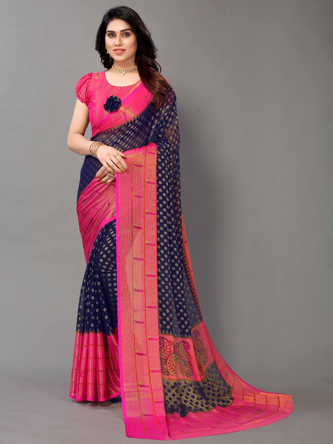 

HALFSAREE STUDIO Woven Design Floral Zari Saree, Navy blue