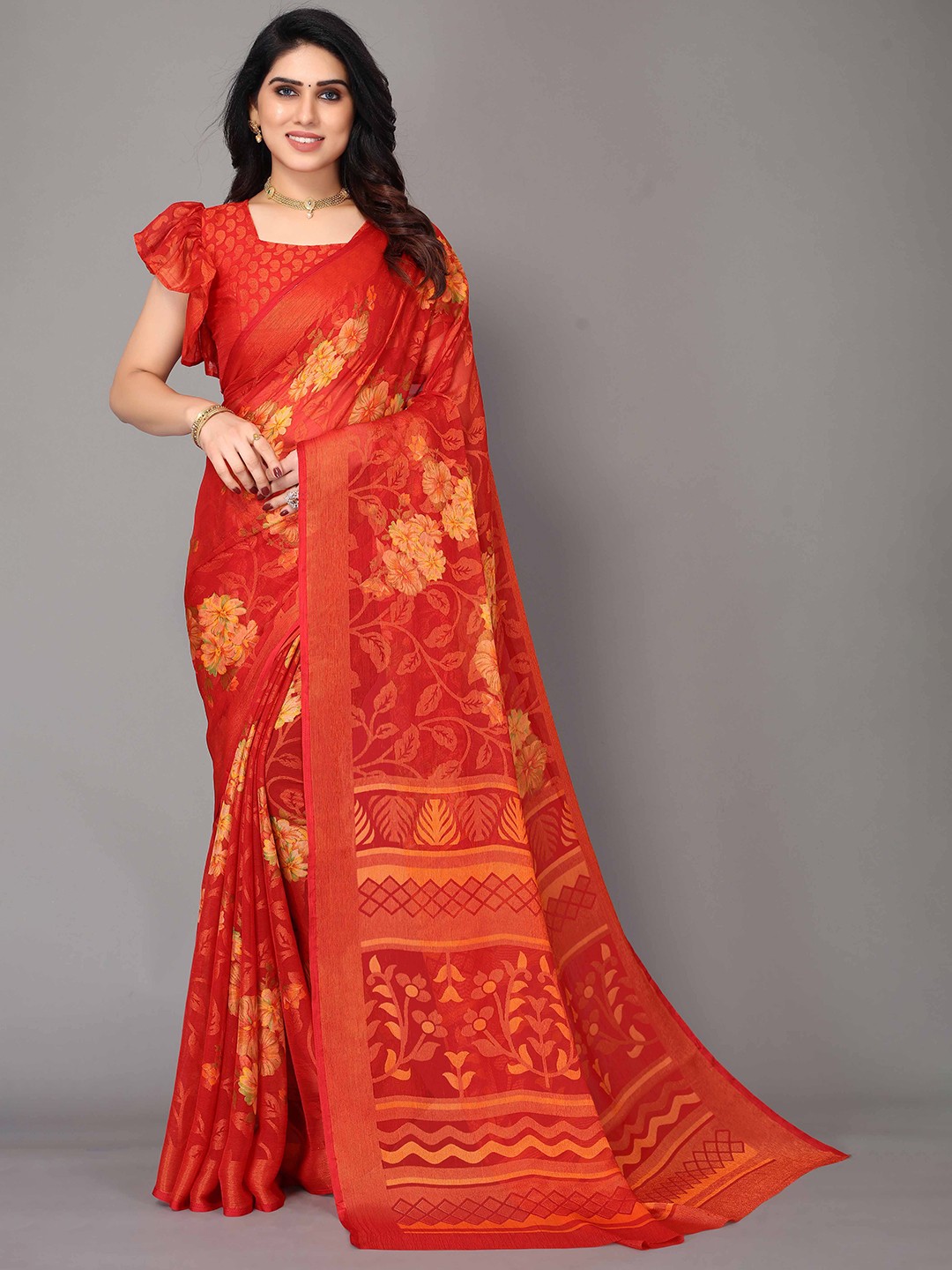

HALFSAREE STUDIO Floral Printed Saree, Red
