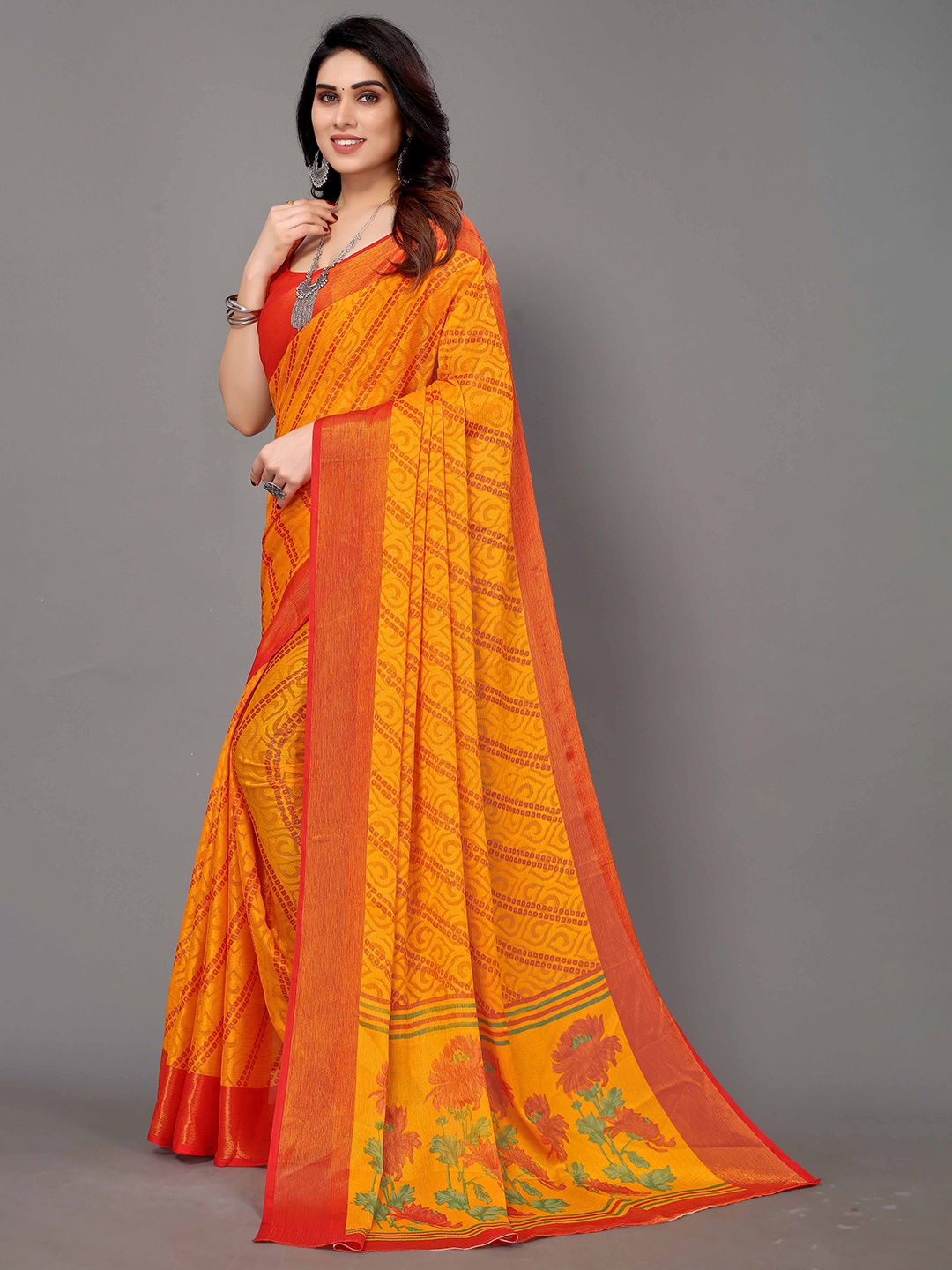 

HALFSAREE STUDIO Woven Design Bandhani Zari Bandhani Saree, Mustard