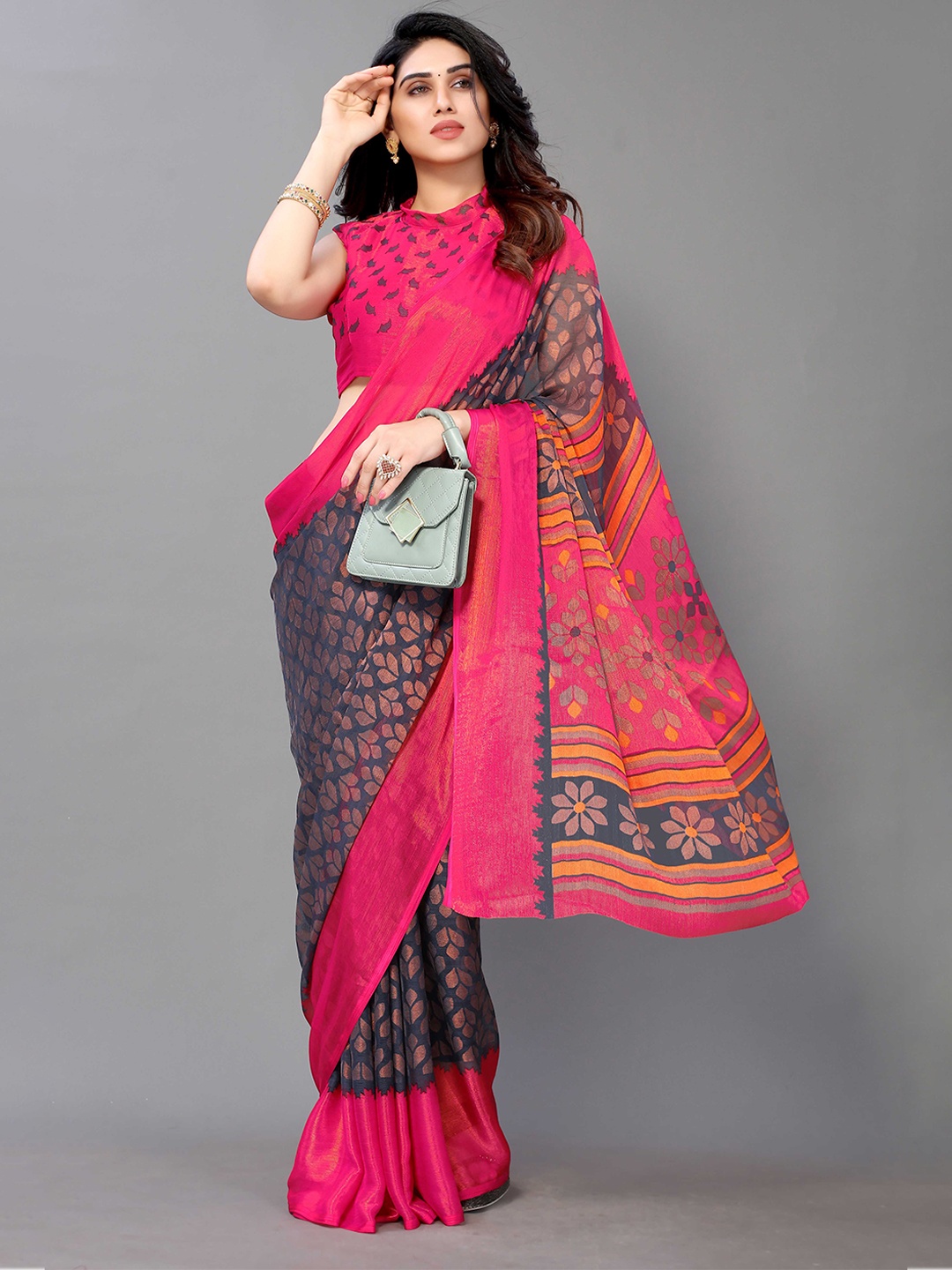 

HALFSAREE STUDIO Floral Printed Saree, Grey