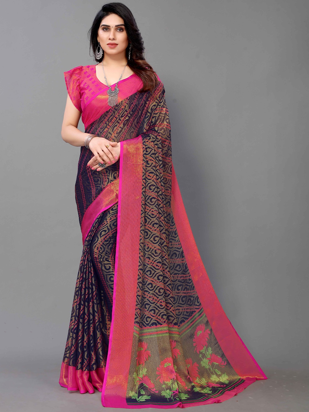 

HALFSAREE STUDIO Woven Design Floral Zari Saree, Navy blue