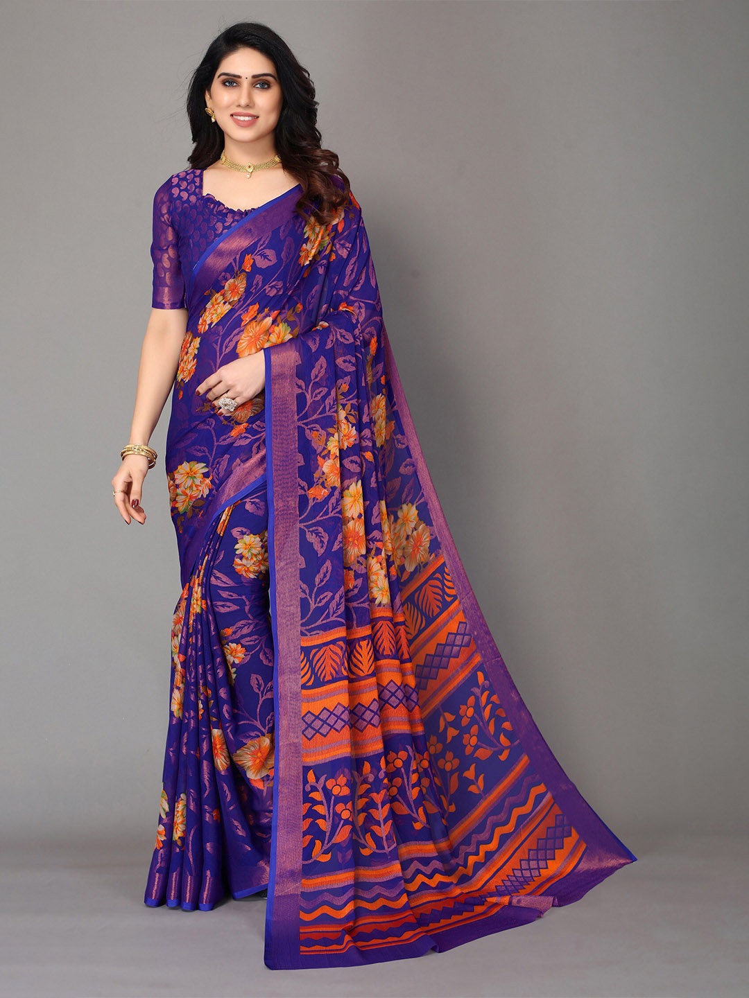 

HALFSAREE STUDIO Woven Design Floral Zari Saree, Blue
