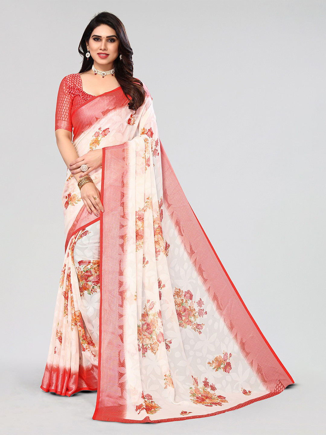 

HALFSAREE STUDIO Woven Design Floral Zari Saree, Red