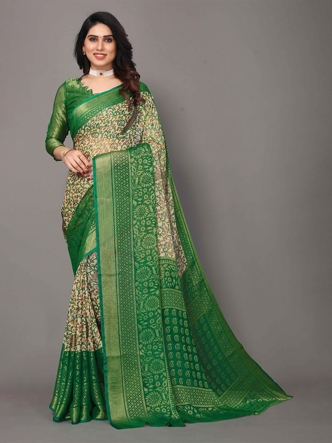 

HALFSAREE STUDIO Floral Printed Zari Saree, Green