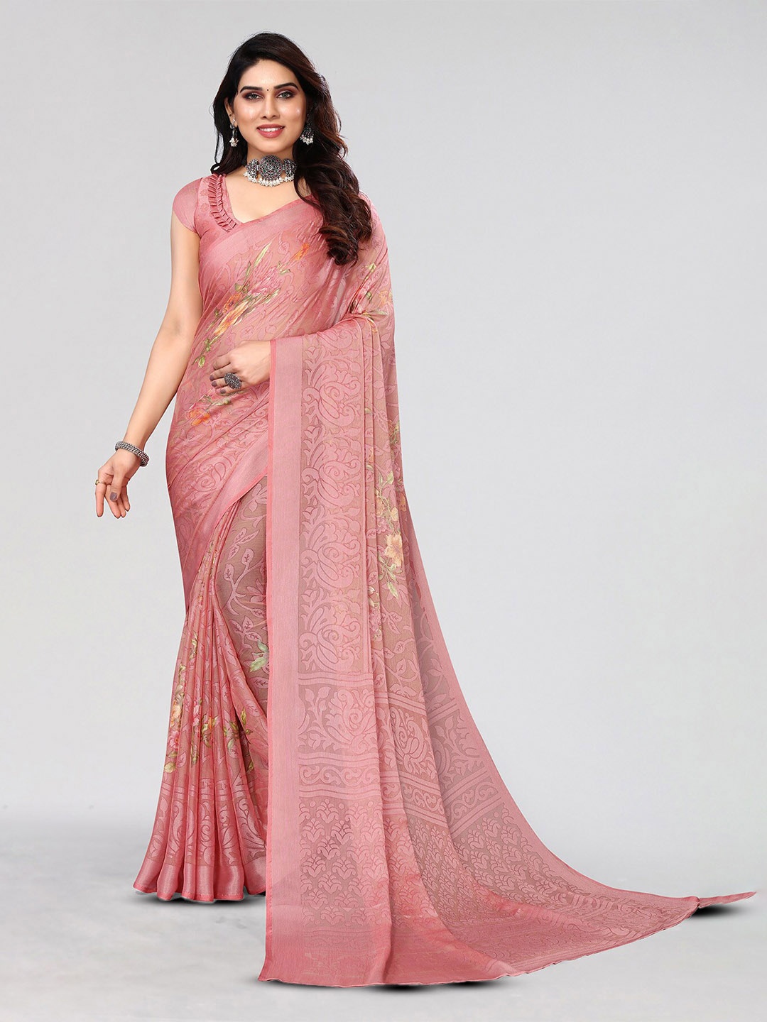

HALFSAREE STUDIO Floral Printed Zari Saree, Peach