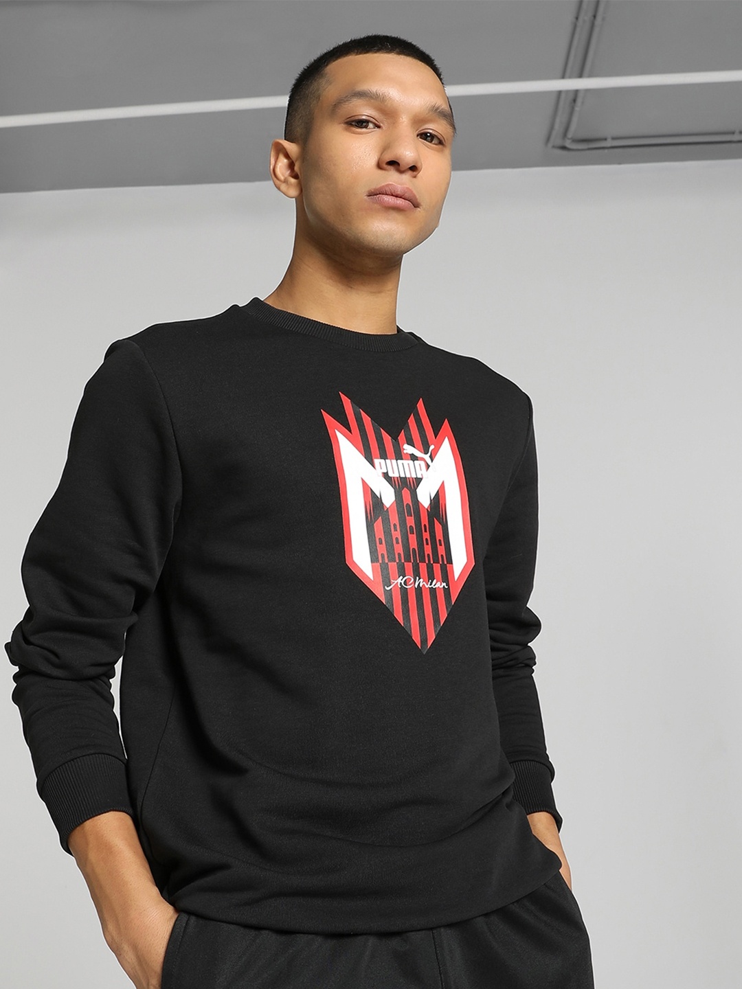 Puma AC Milan Ftblicons Graphic Printed Crew Neck Cotton Football Sweatshirt, Black