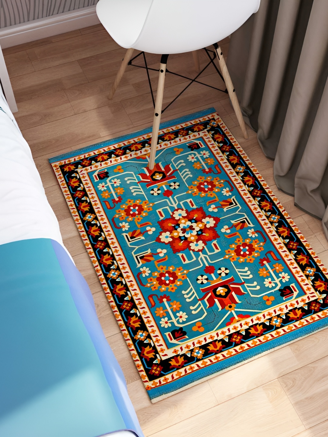 Rangoli Blue Ethnic Motifs Anti-Skid Printed Floor Carpet