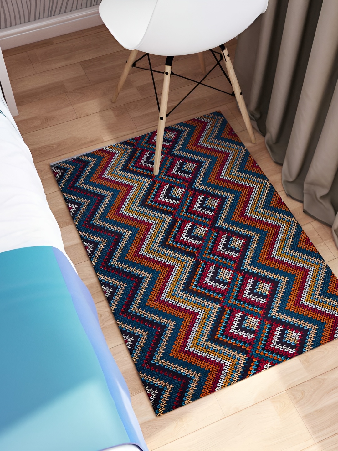 Rangoli Red & Blue Chevron Printed Anti-Skid Cotton Carpet