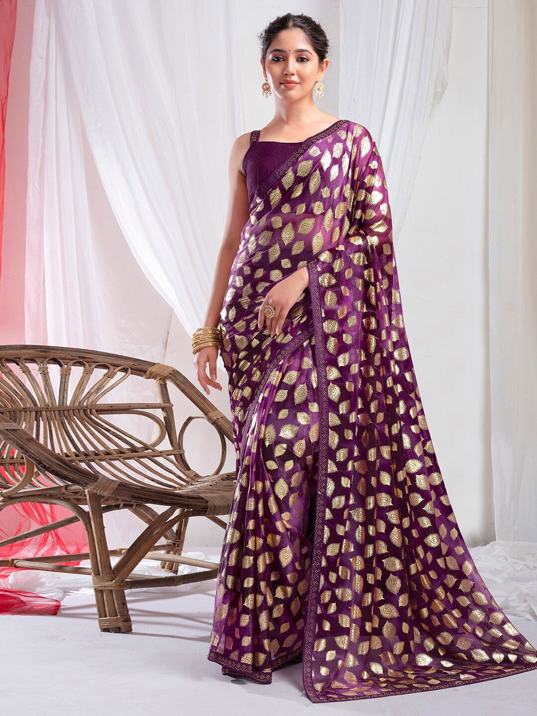 

KALINI Floral Beads and Stones Pure Georgette Ikat Saree, Purple