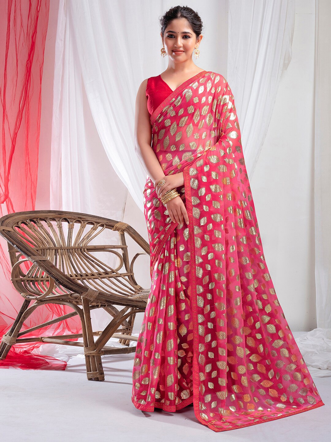 KALINI Abstract Printed Beads and Stones Pure Georgette Ikat Saree, Red