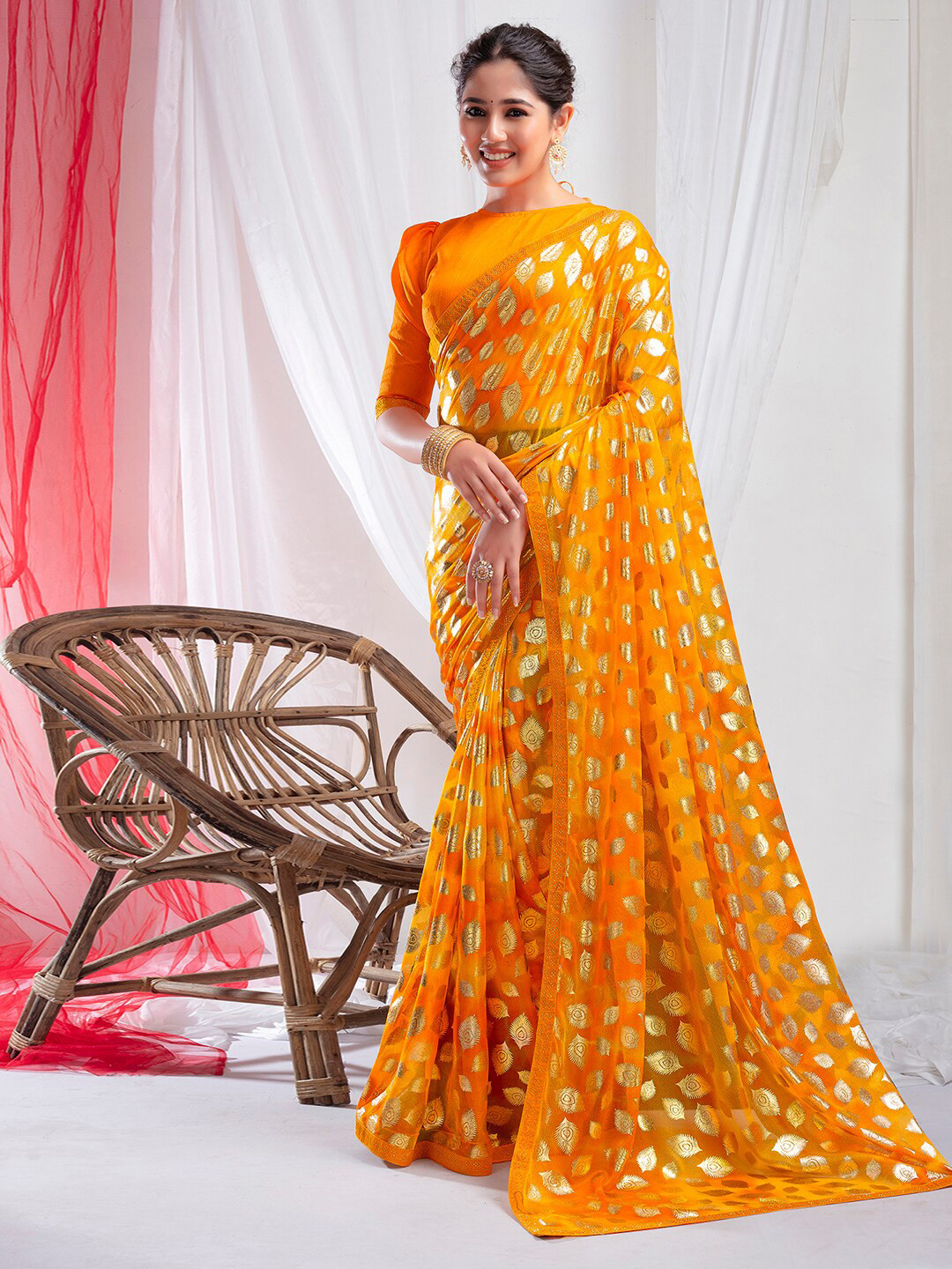 

KALINI Ethnic Motifs Printed Beads and Stones Pure Georgette Ikat Saree, Yellow