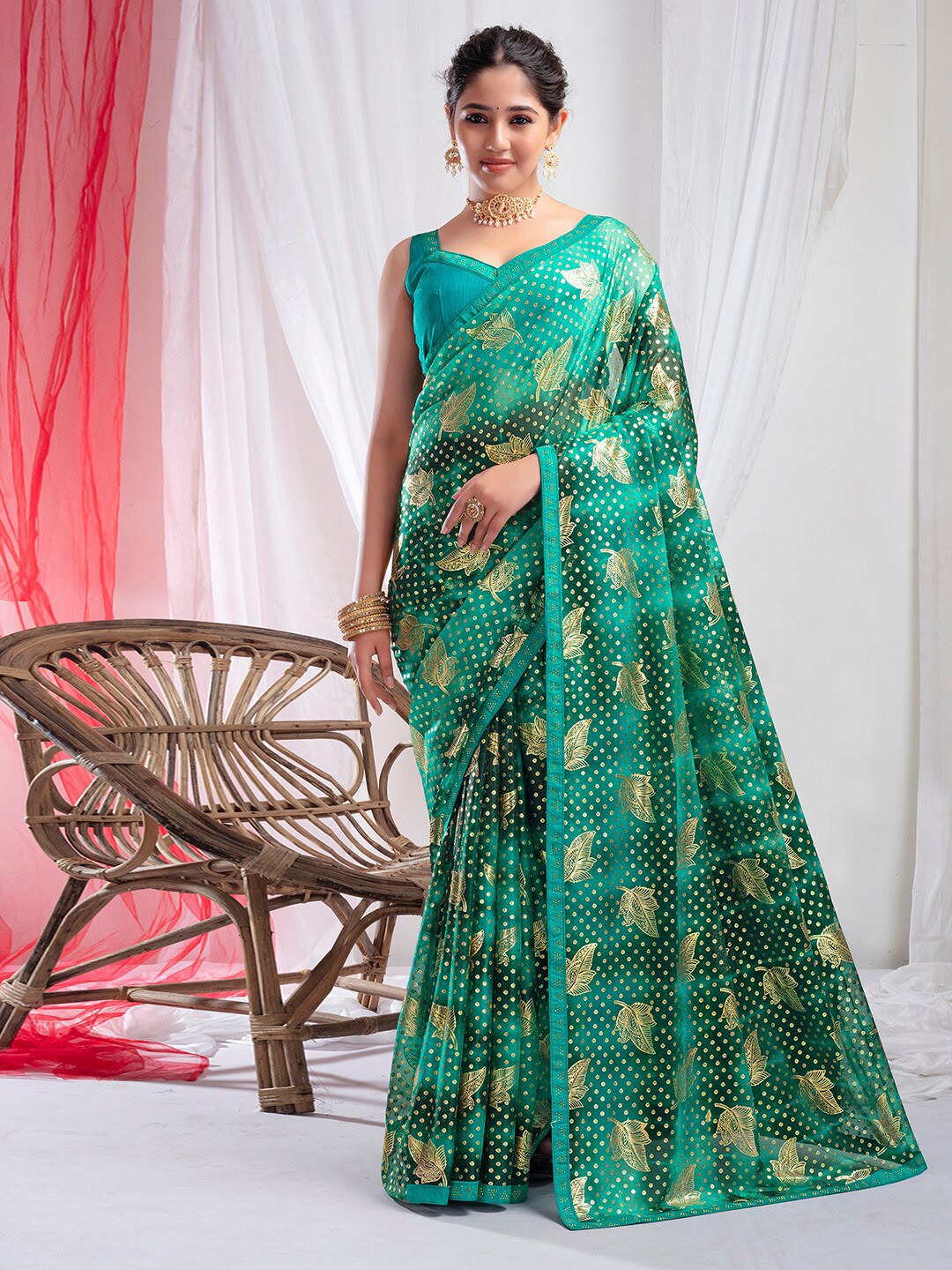 

KALINI Abstract Printed Beads and Stones Pure Georgette Ikat Saree, Green