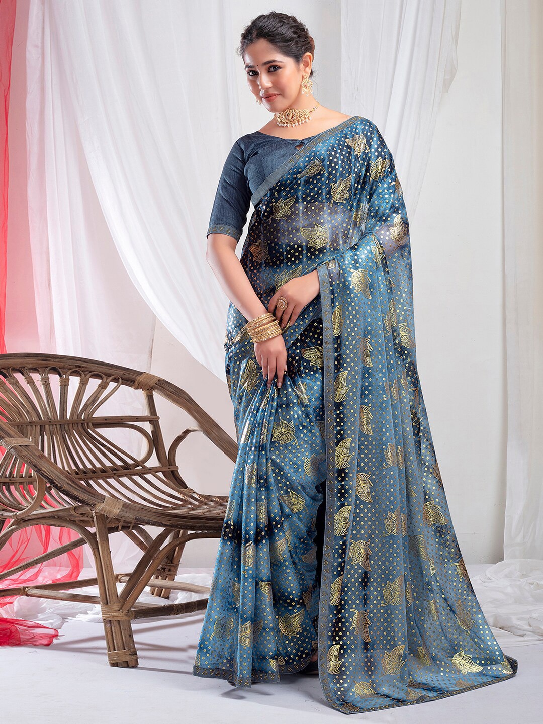 KALINI Abstract Printed Beads and Stones Pure Georgette Fusion Ikat Saree, Blue