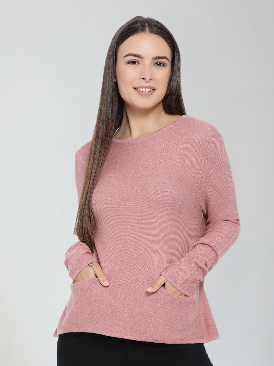 

Moda Elementi Round Neck Long Sleeves Woollen Pullover Sweater, Peach