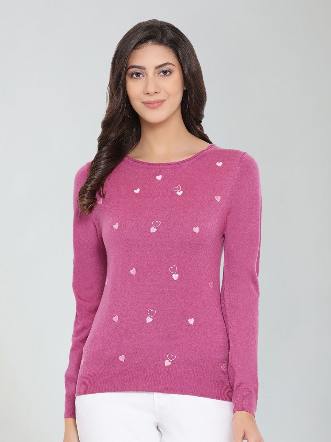 

Moda Elementi Geometric Printed Round Neck Long Sleeves Woollen Pullover Sweater, Pink