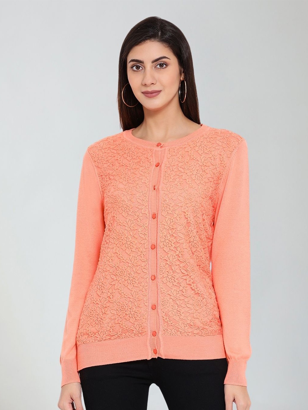 

Moda Elementi Self Design Mock Collar Woollen Cardigan Sweater, Orange