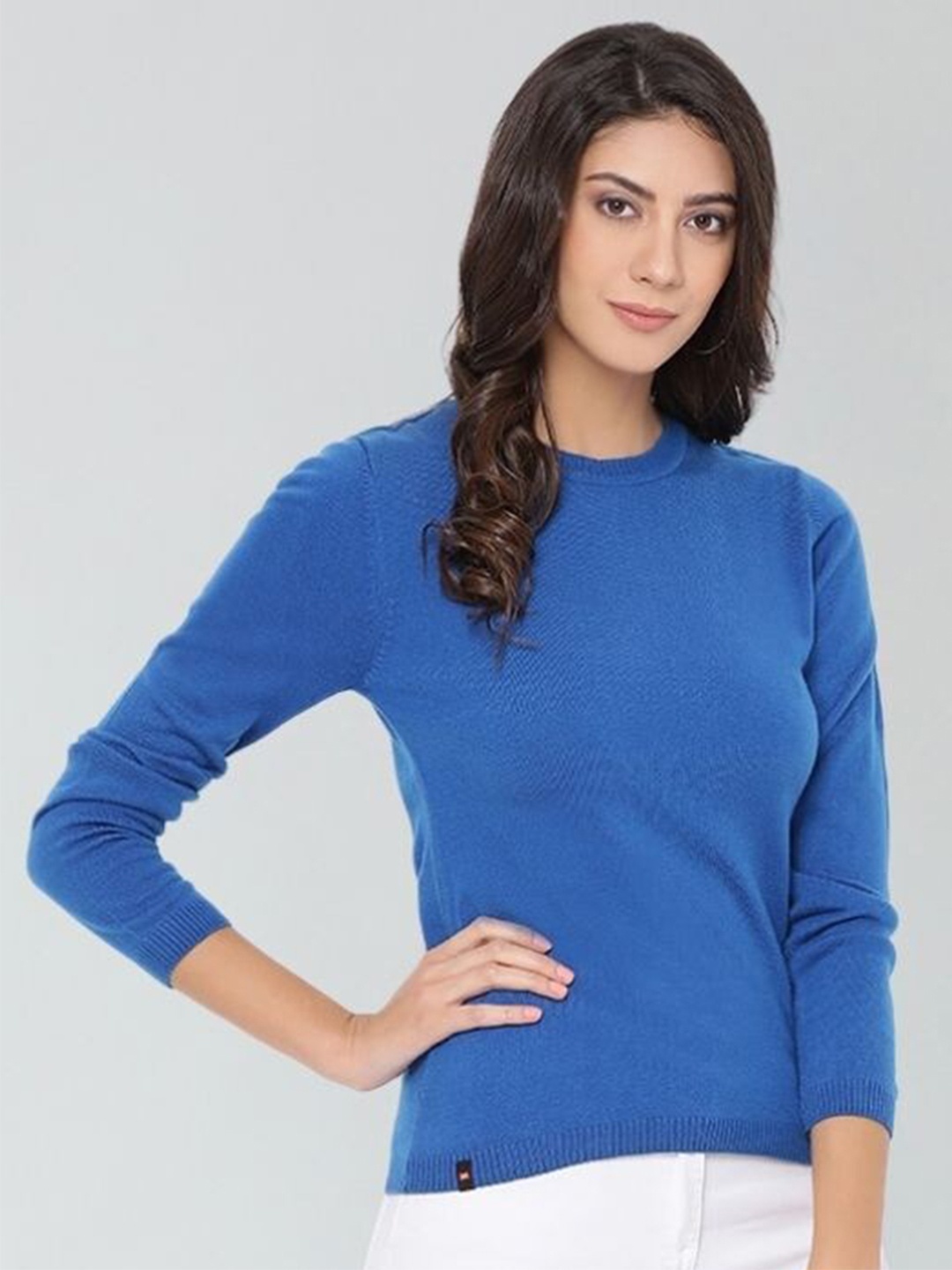 

Moda Elementi Round Neck Long Sleeves Ribbed Woollen Pullover Sweater, Blue