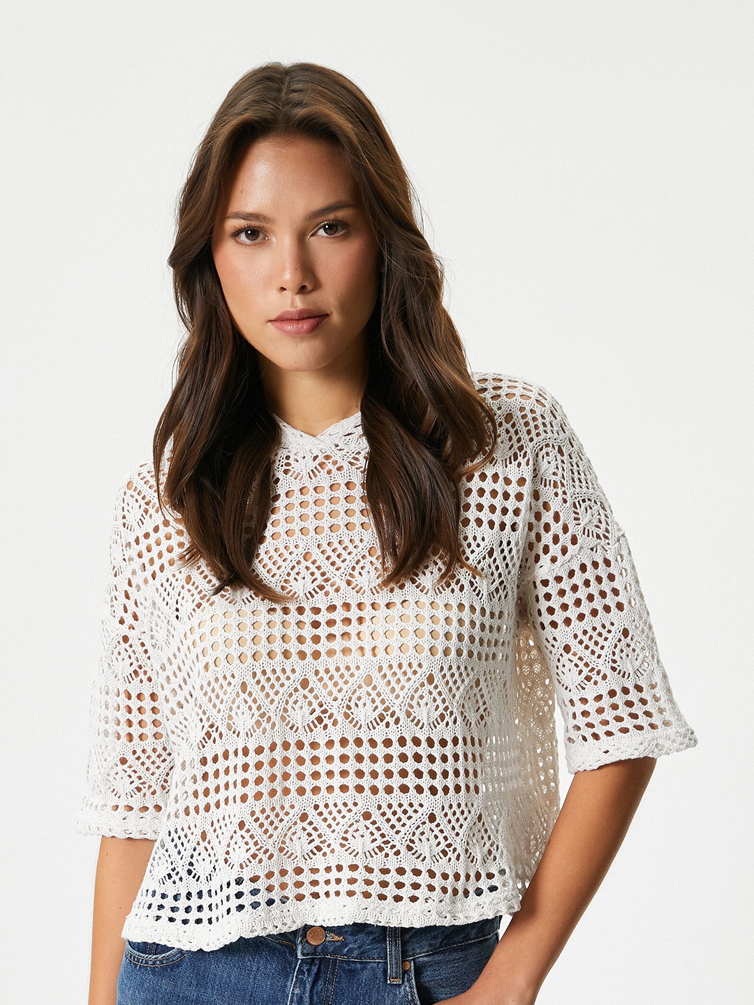Koton Self Design Hooded Cotton Sweatshirt, Off white