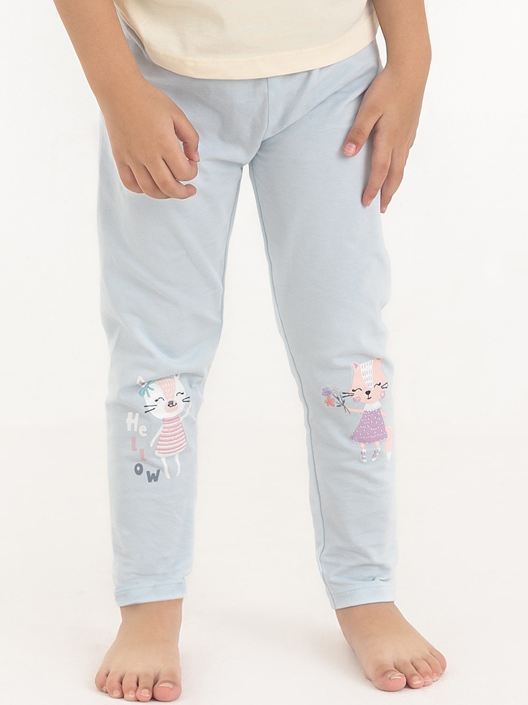 haus & kinder Girls Printed Pure Cotton Ankle Length Leggings, Blue
