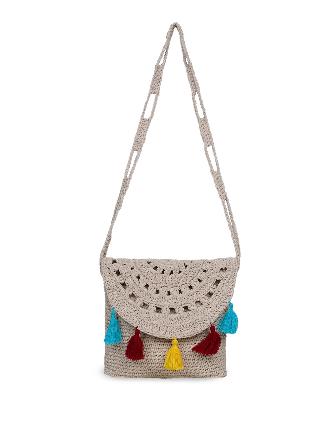

ITIHASIKALA Crotchet Structured Cotton Sling Bag, Off white