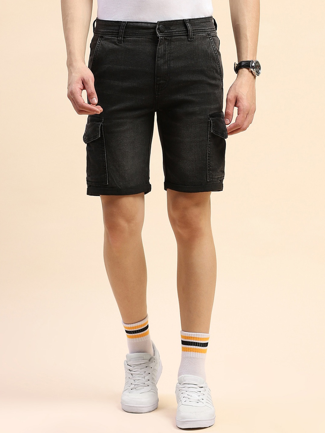 

CAMLA Men Washed Mid Rise Cargo Shorts, Charcoal