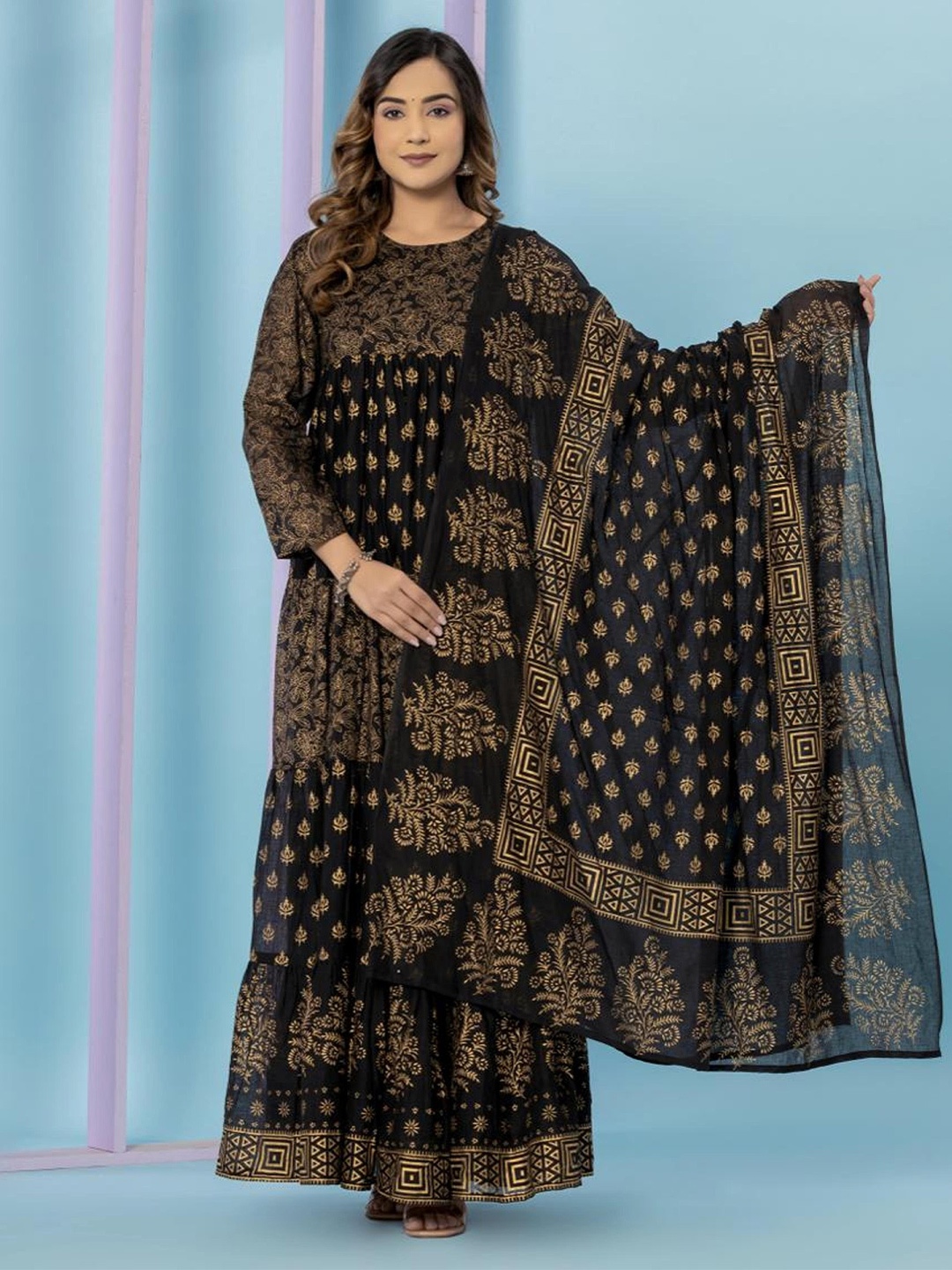 SK2 Fashion Round Neck Long Sleeves Ethnic Motifs Print Fringed Maxi Dress with Dupatta, Black