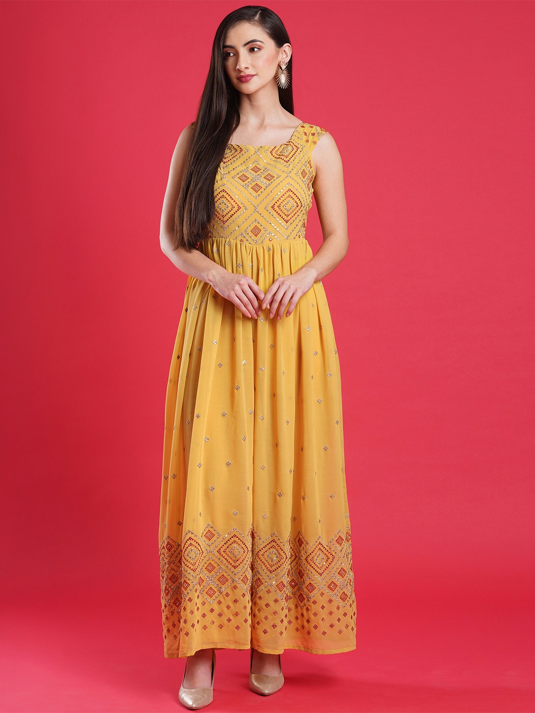 

Peachmode Checked Sequins Embroidered Georgette Jumpsuit, Yellow