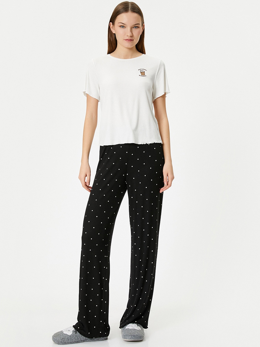 

Koton Round Neck T-shirt With Printed Pyjamas, White