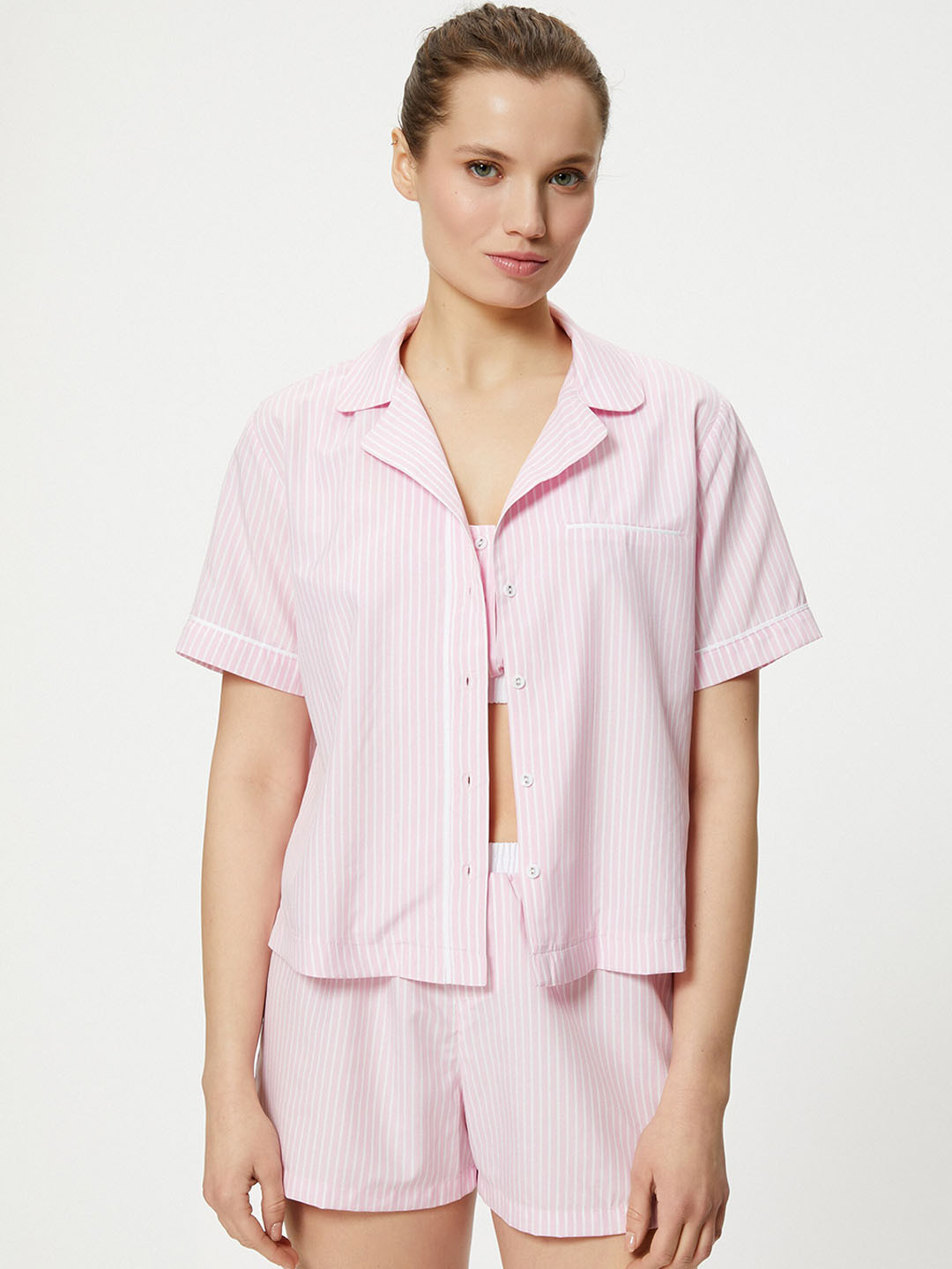 

Koton Striped Lapel Collar Shirt With Shorts, Pink
